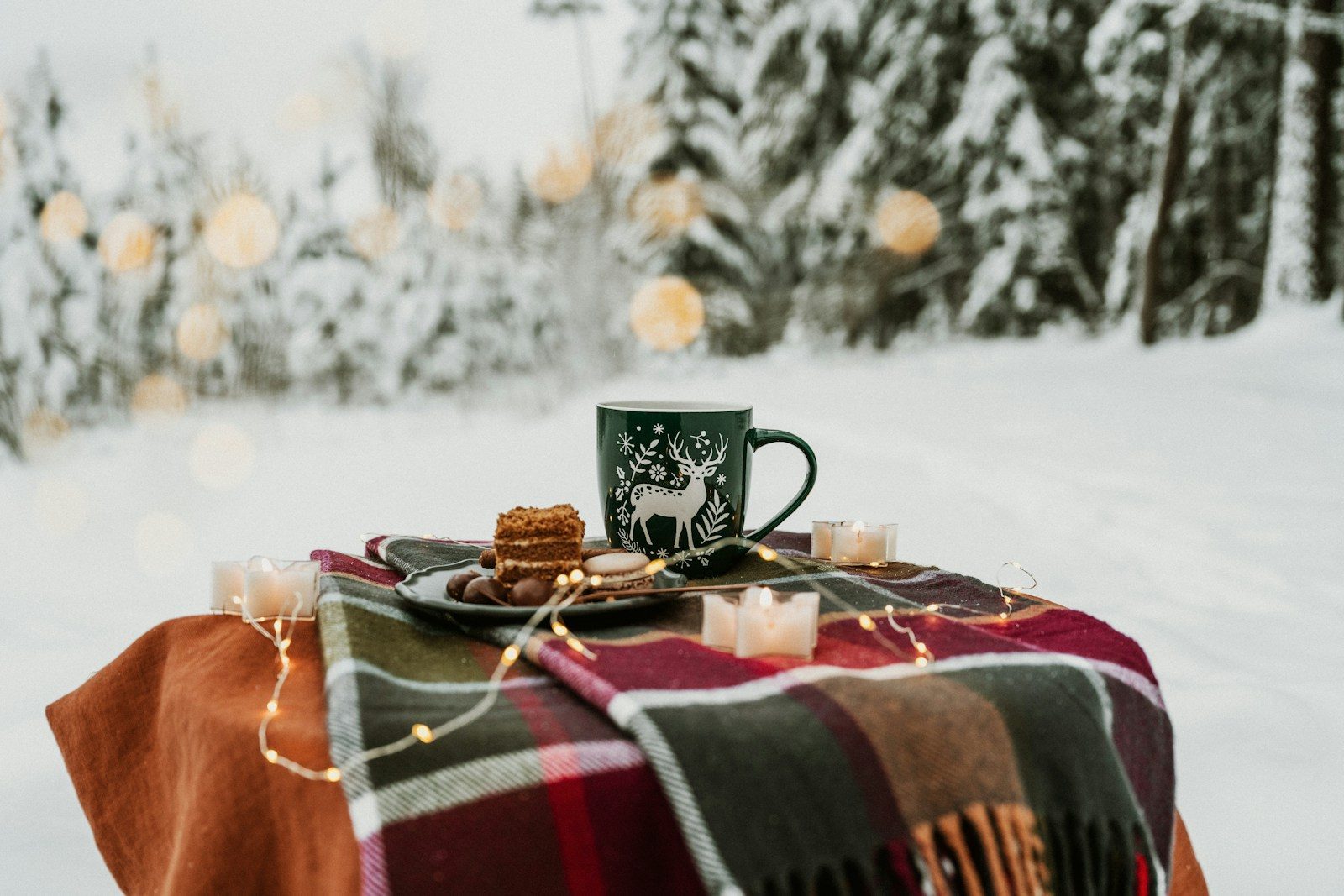 A mug of coffee on a plaid blanket in the snow