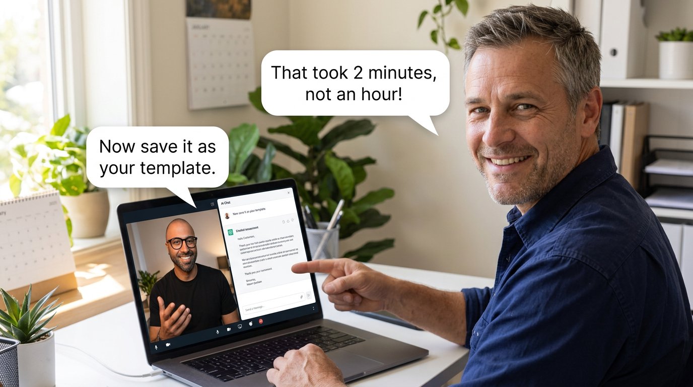 Dave, a painter, on a live video session with Sundeep, pleased that ChatGPT drafted his quote email in two minutes